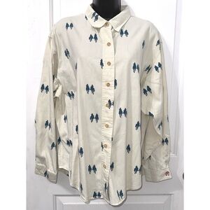 Vtg Barn Fly Western Button Up Shirt Womens Cream & navy Cowboy on horse